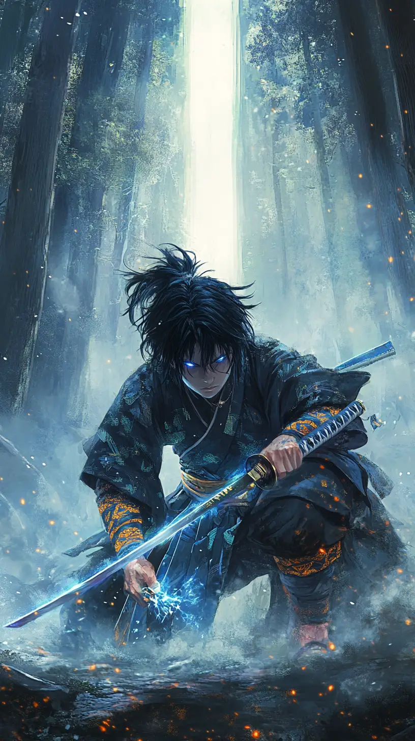 Jeune samouraï dégainant un katana lumineux dans une forêt brumeuse