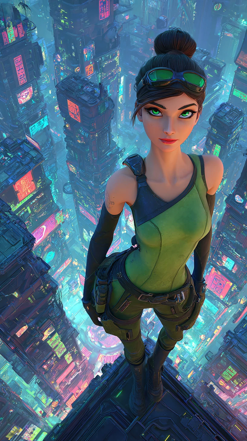 Cyberpunk-Frau mit Blick über eine neonleuchtende futuristische Stadtlandschaft