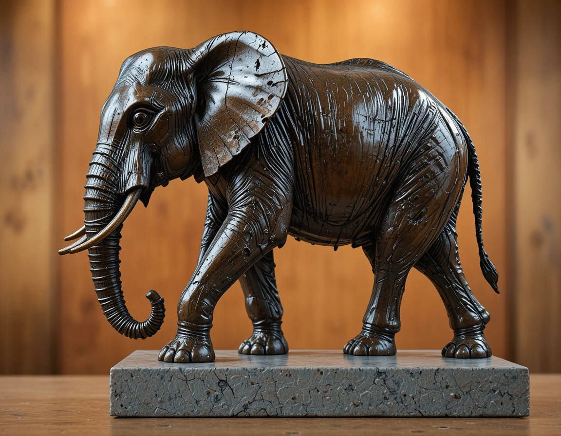 Scultura di Elefante in Bronzo su Base Minimalista Testurizzata