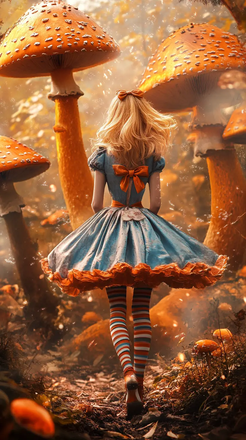 Ragazza fantasy in una foresta di funghi luminosi all’ora d’oro