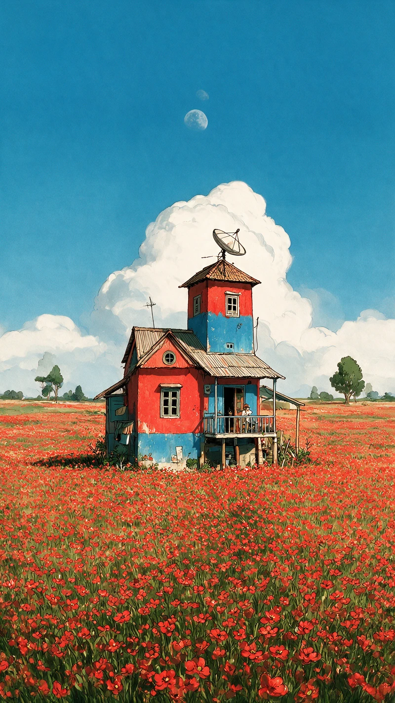 Maison de campagne style manga au milieu de champs de fleurs rouges