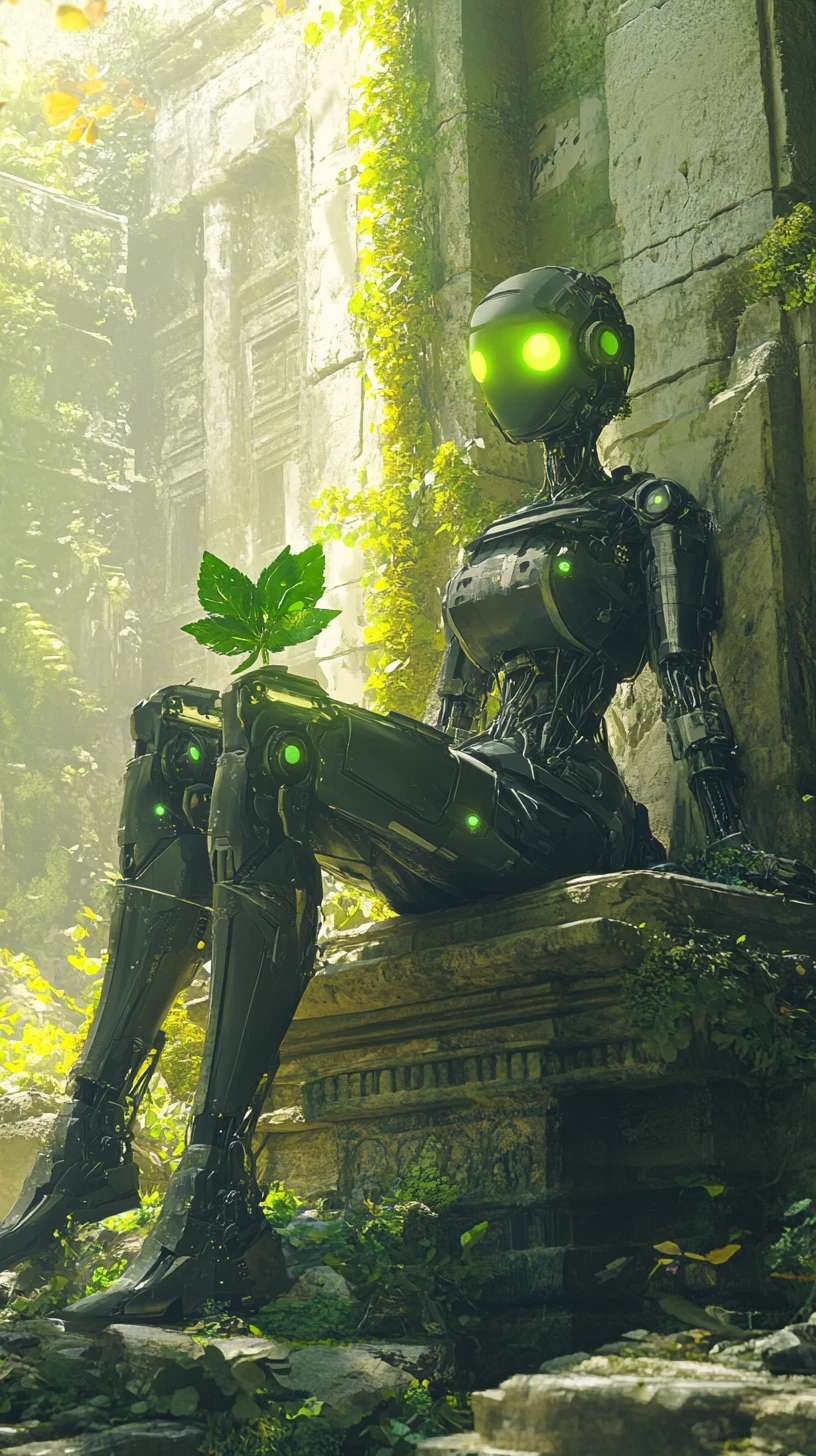 Donna cyborg su un trono di pietra muschiosa in un antico tempio