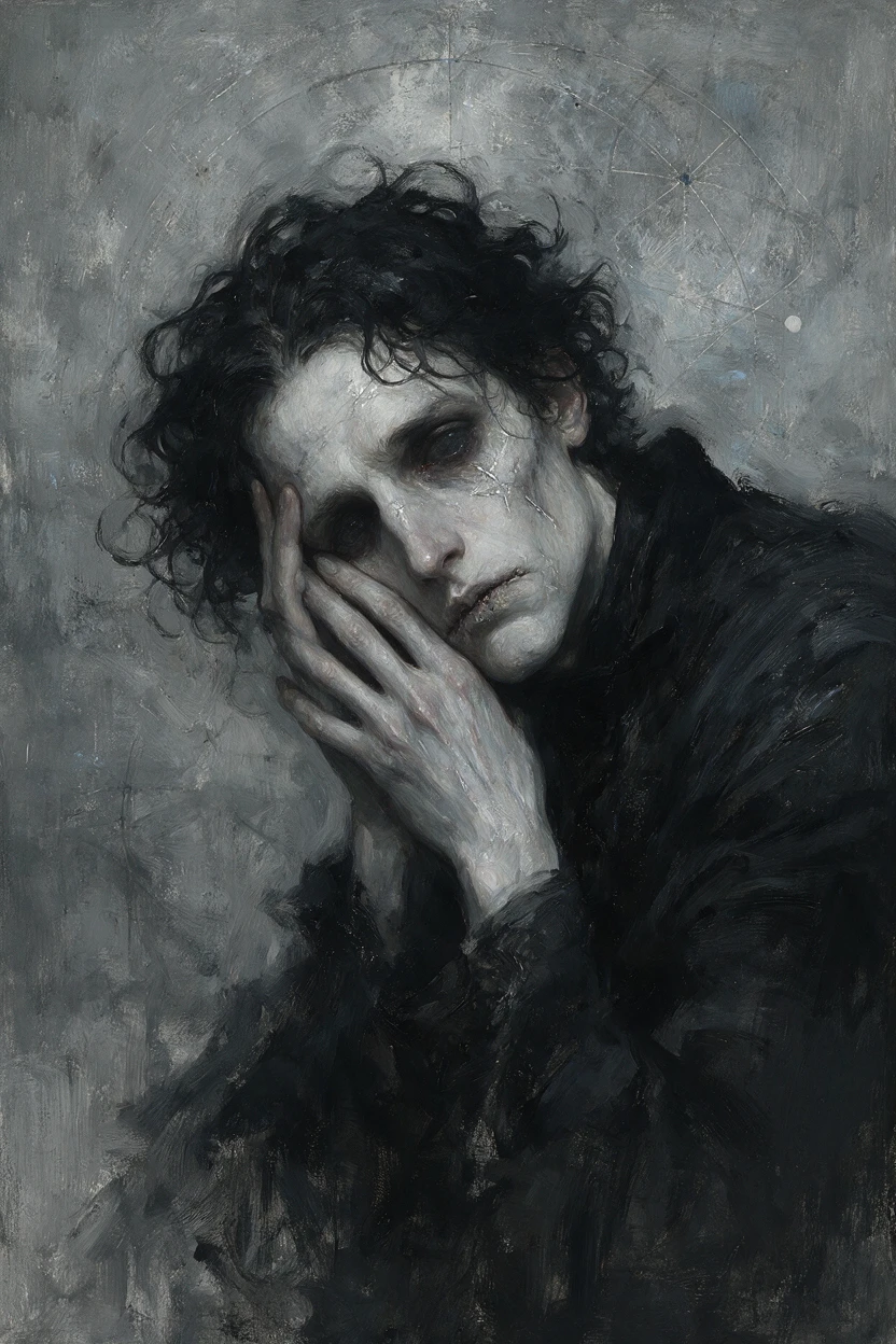 Homme pâle dans un sombre portrait gothique à l’huile aux ombres douces