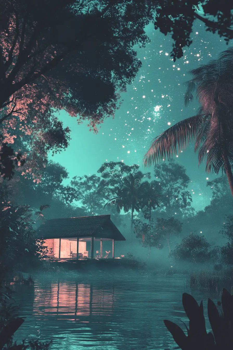 Mitternächtliche Lagunenszene mit weicher LoFi-Chill-Atmosphäre