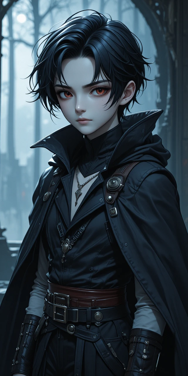 Vampire adolescent renégat en style anime, à la peau pâle et aux yeux rouges