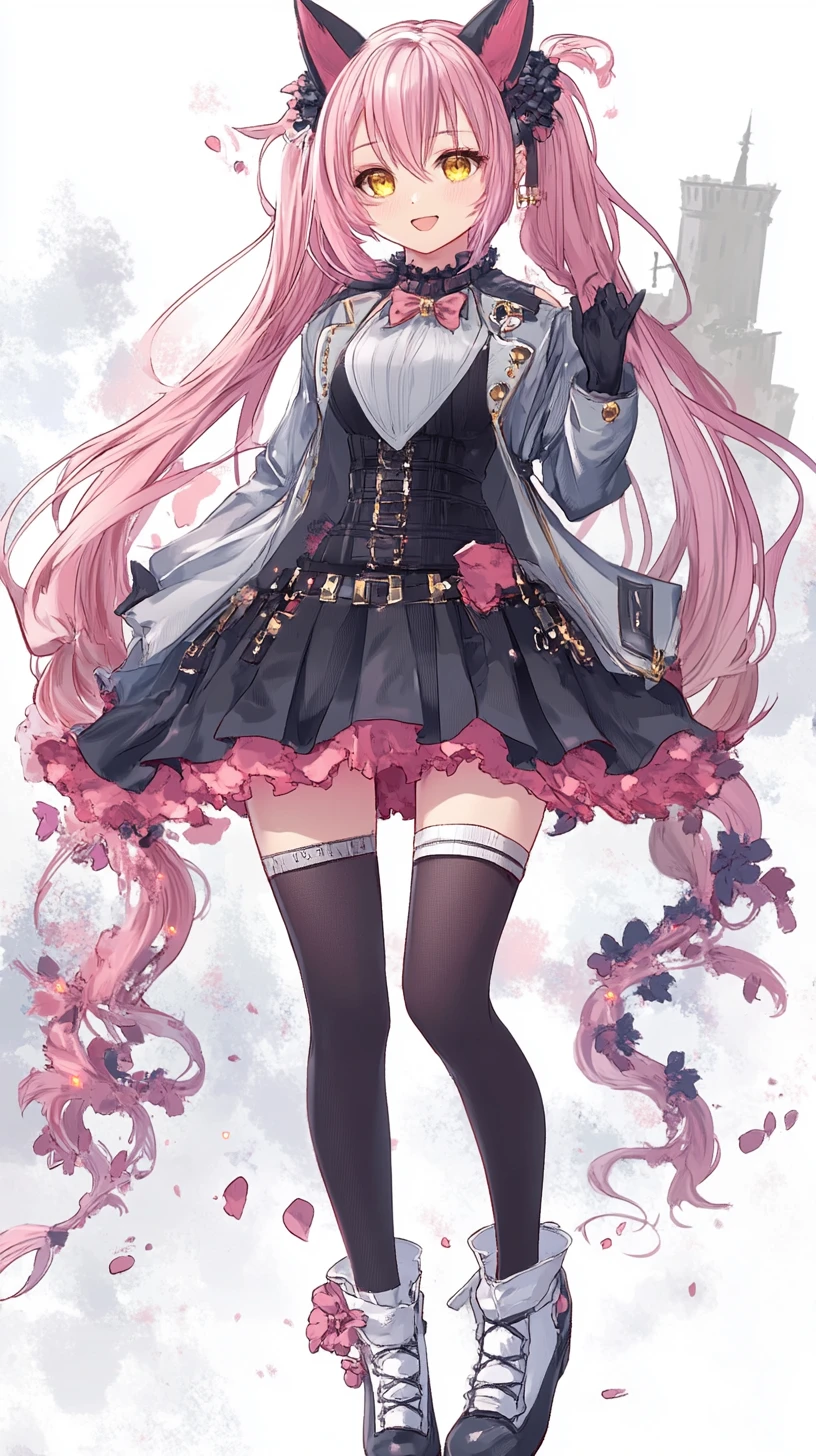 Ragazza anime con giacca bianca e rosa e gonna nera a balze