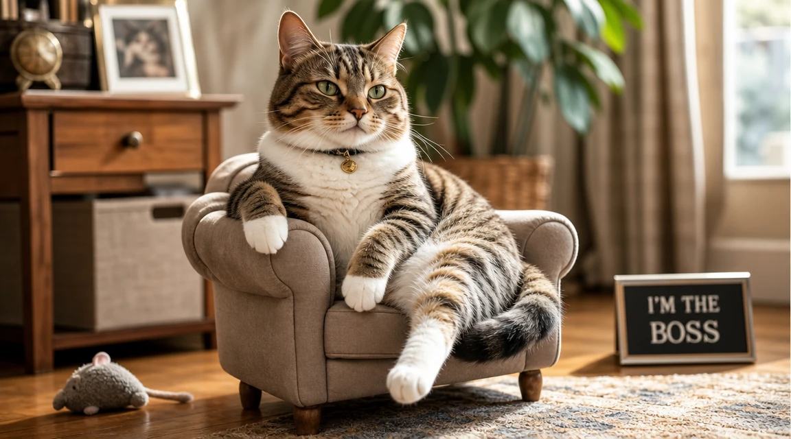 Adorable chat assis comme un petit patron sur une chaise jouet