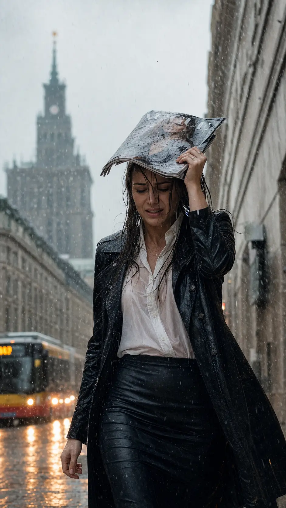 Frau mit Zeitschrift im Regen auf einer Straße in Warschau