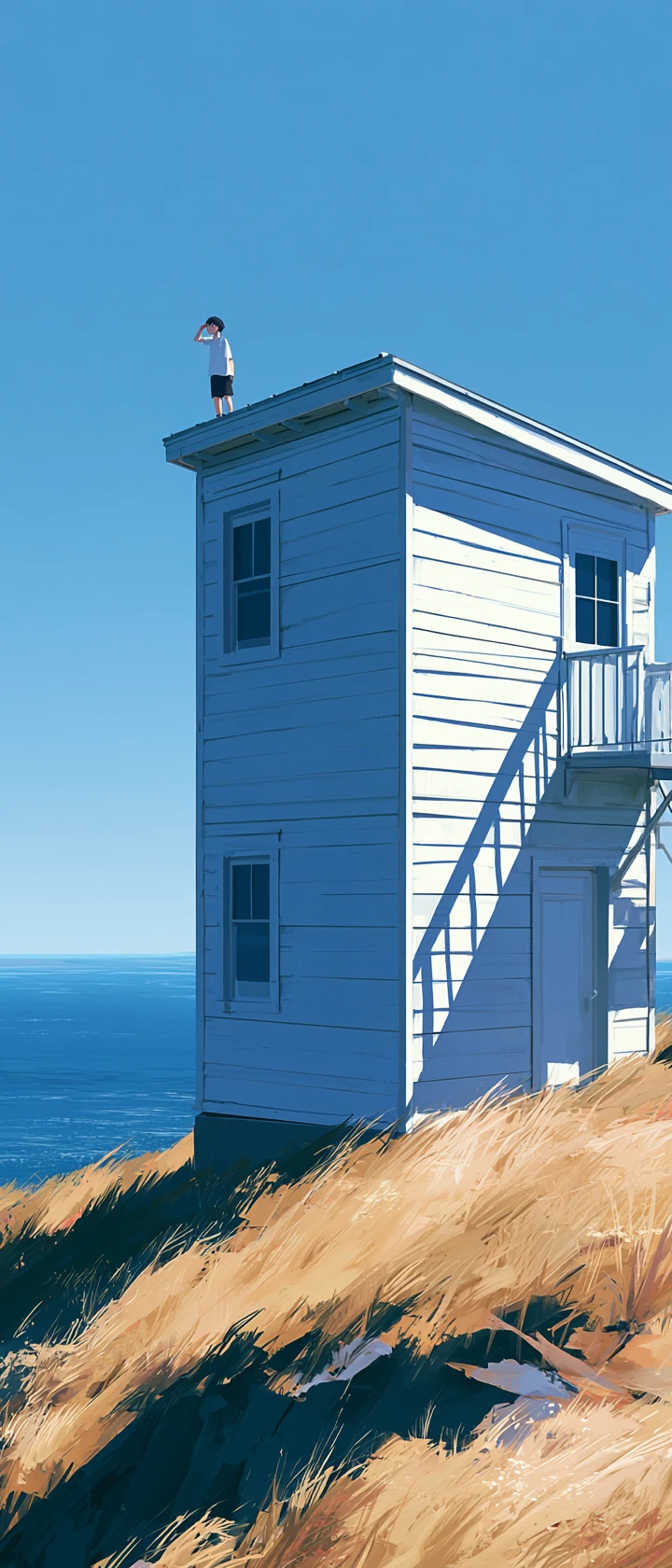 Figura de anime solitária em casa branca no alto da colina à beira-mar