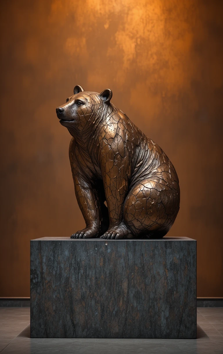 Bronzebären-Skulptur auf strukturierter Basis im warmen Licht