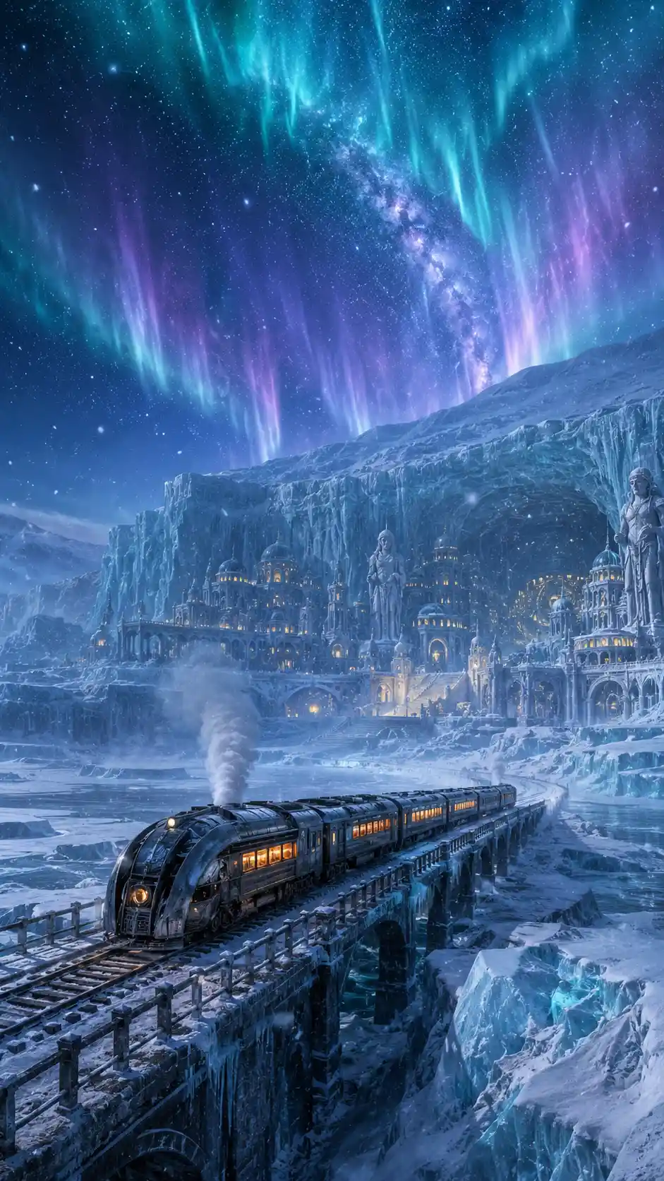 Cinematic train crossing a frozen antarctic under aurora