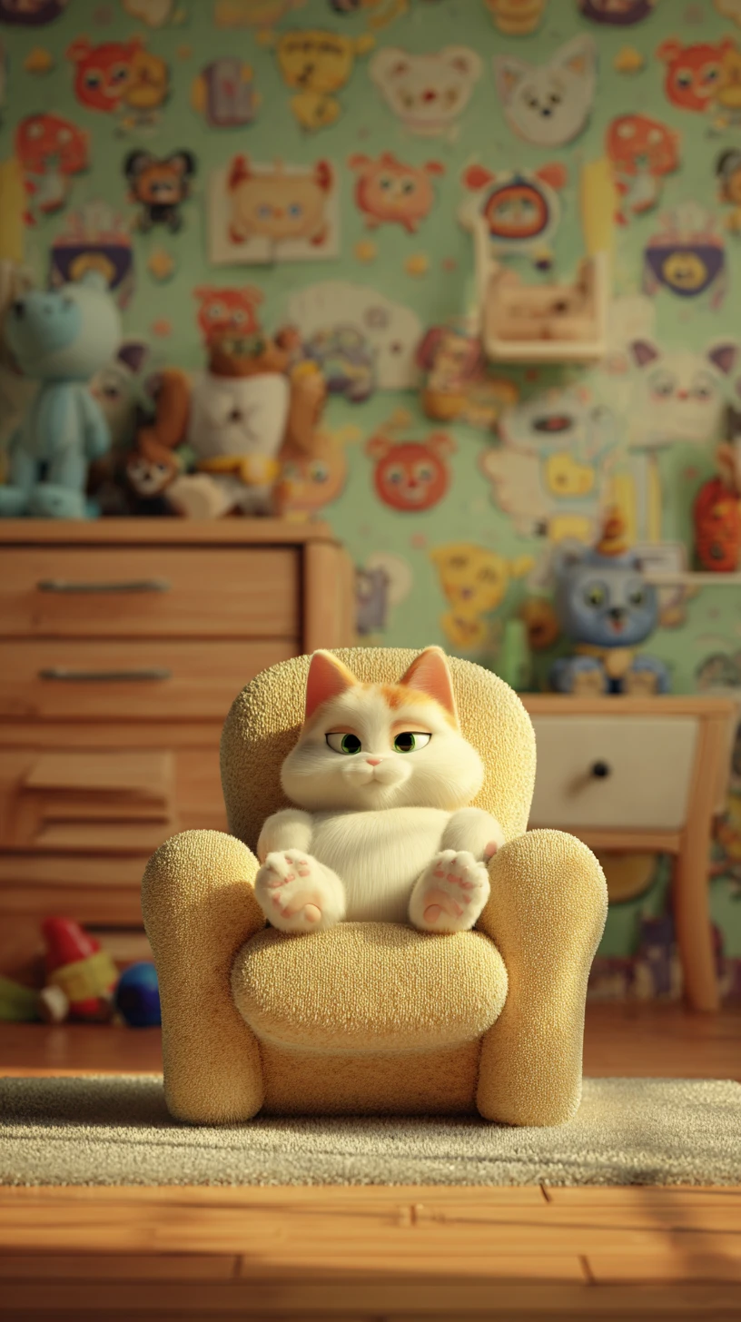 Gato fofo sentado como um mini chefe em uma cadeira de brinquedo