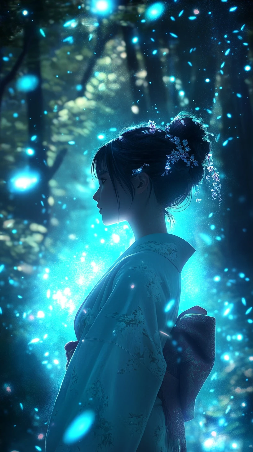 Ragazza anime in kimono che brilla in una foresta mistica