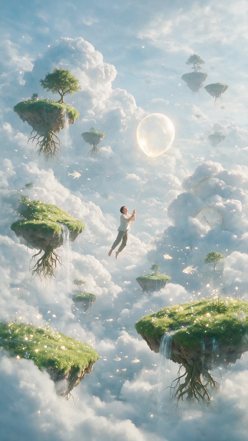 Uomo che Fluttua con Pallone Luminoso tra Isole nel Cielo