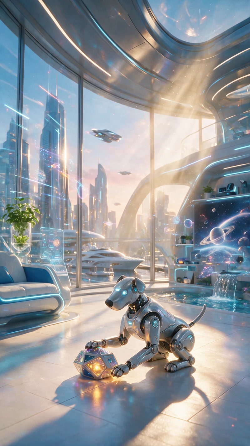 Robot dog playing with toy in futuristic sunlit house