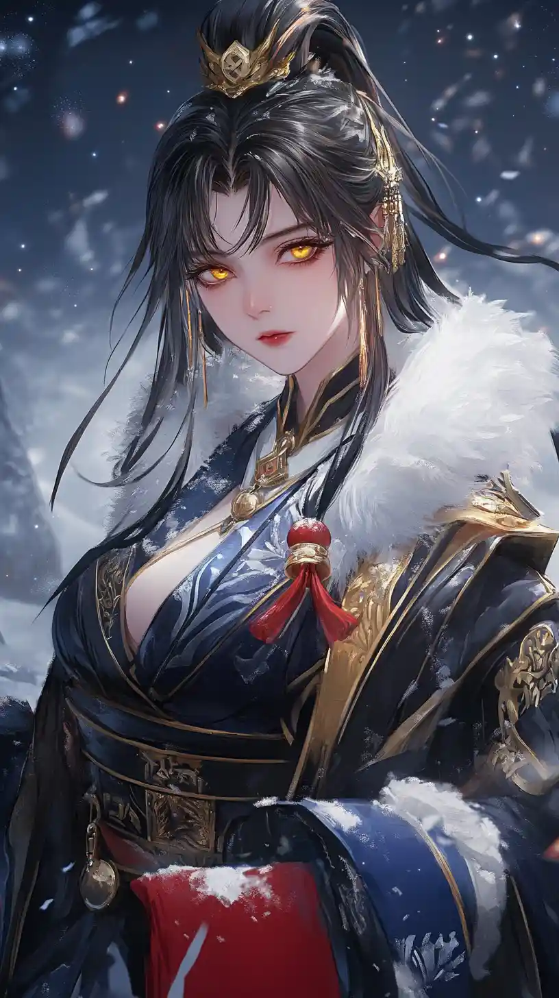 Fille anime dans une base hivernale sous dragon et lune