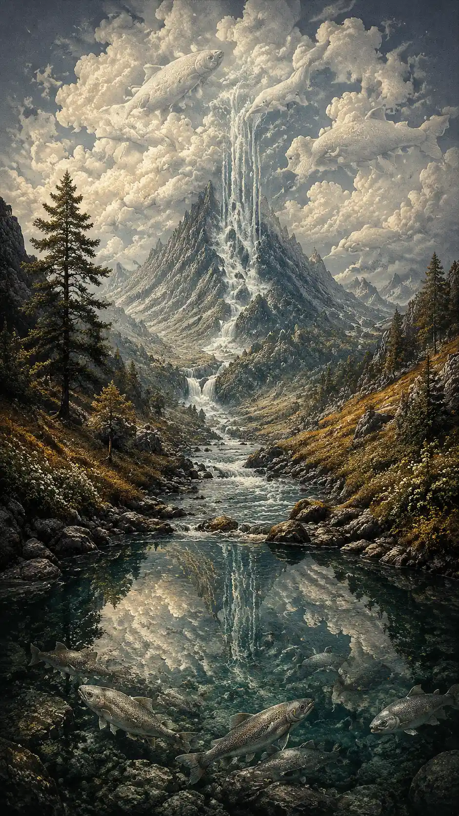 Surreal river flowing uphill toward distant mountain peaks