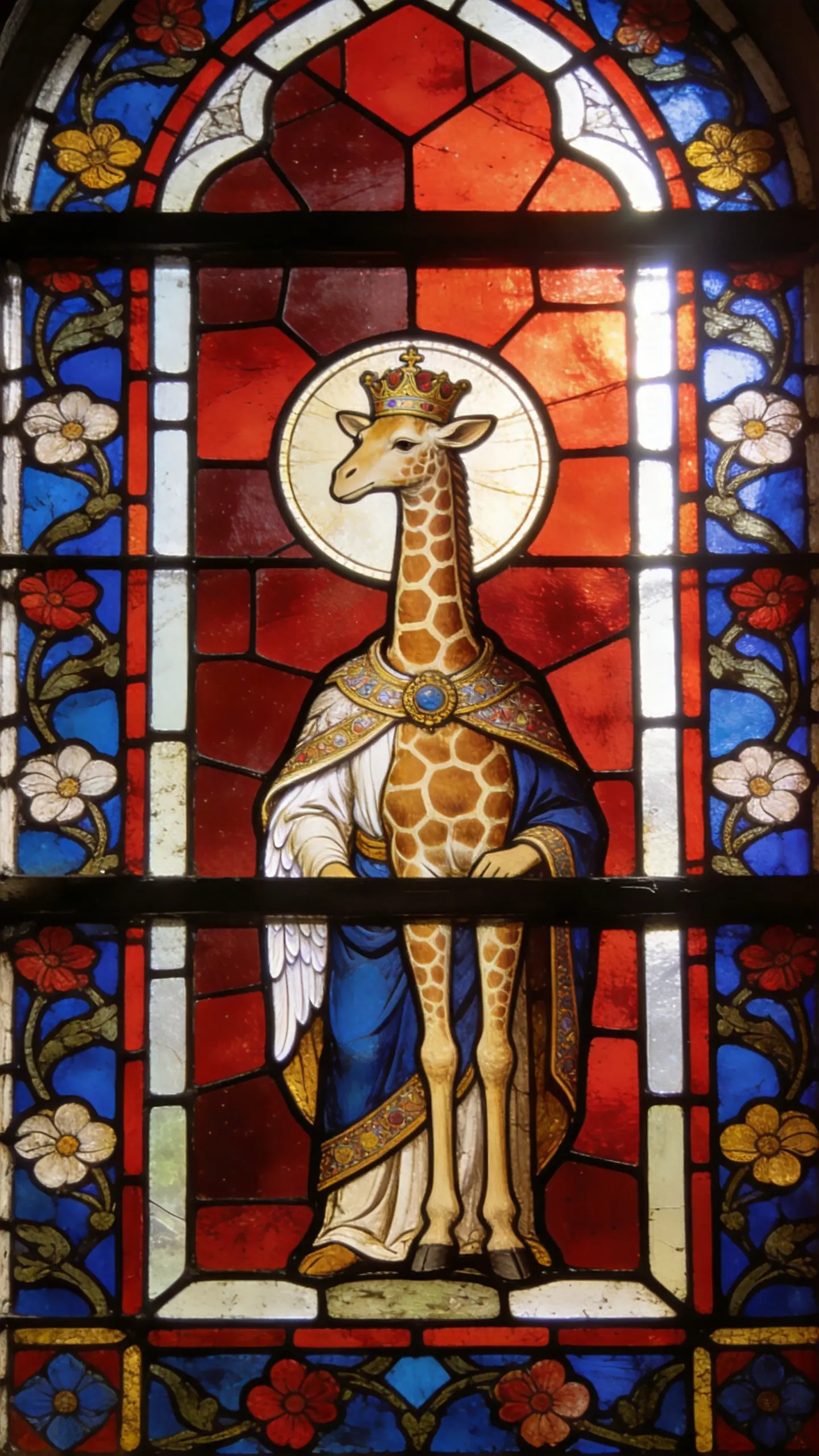 Girafe sainte en vitrail byzantin dans une fenêtre d’église