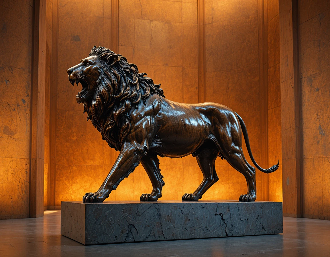 Sculpture de lion en bronze de profil sur une base texturée