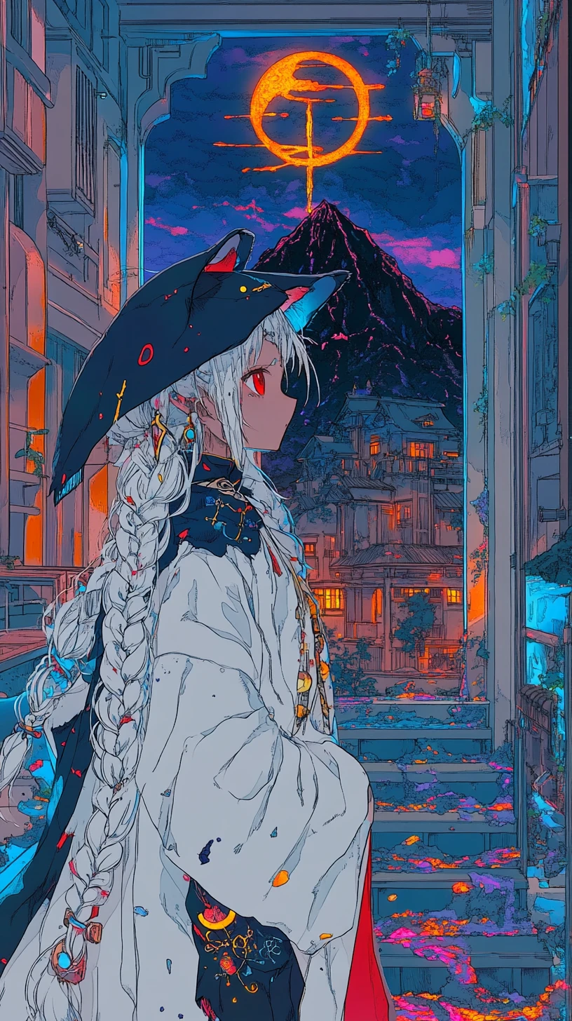 古い家の階段を黒猫を追いかけるアニメシーン