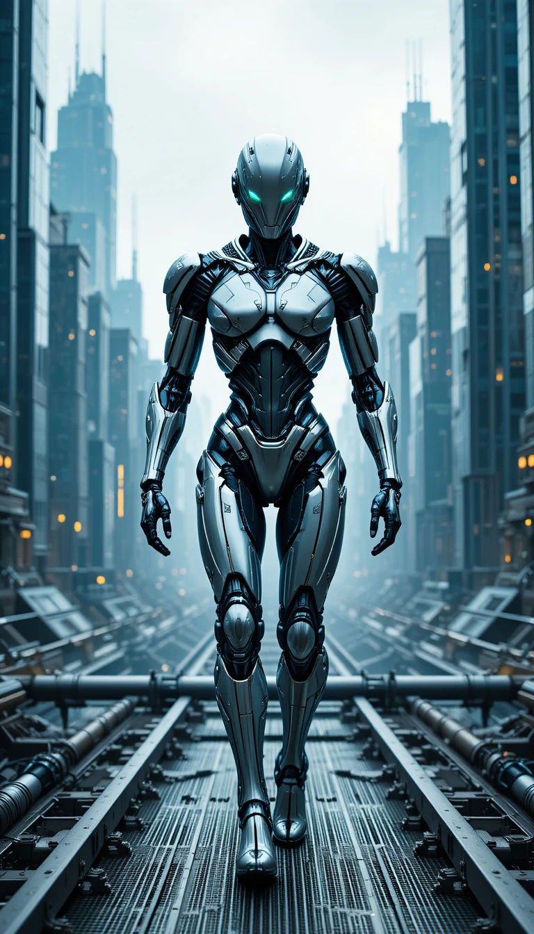 Robô humanóide futurista caminhando em uma cidade sci‑fi elegante