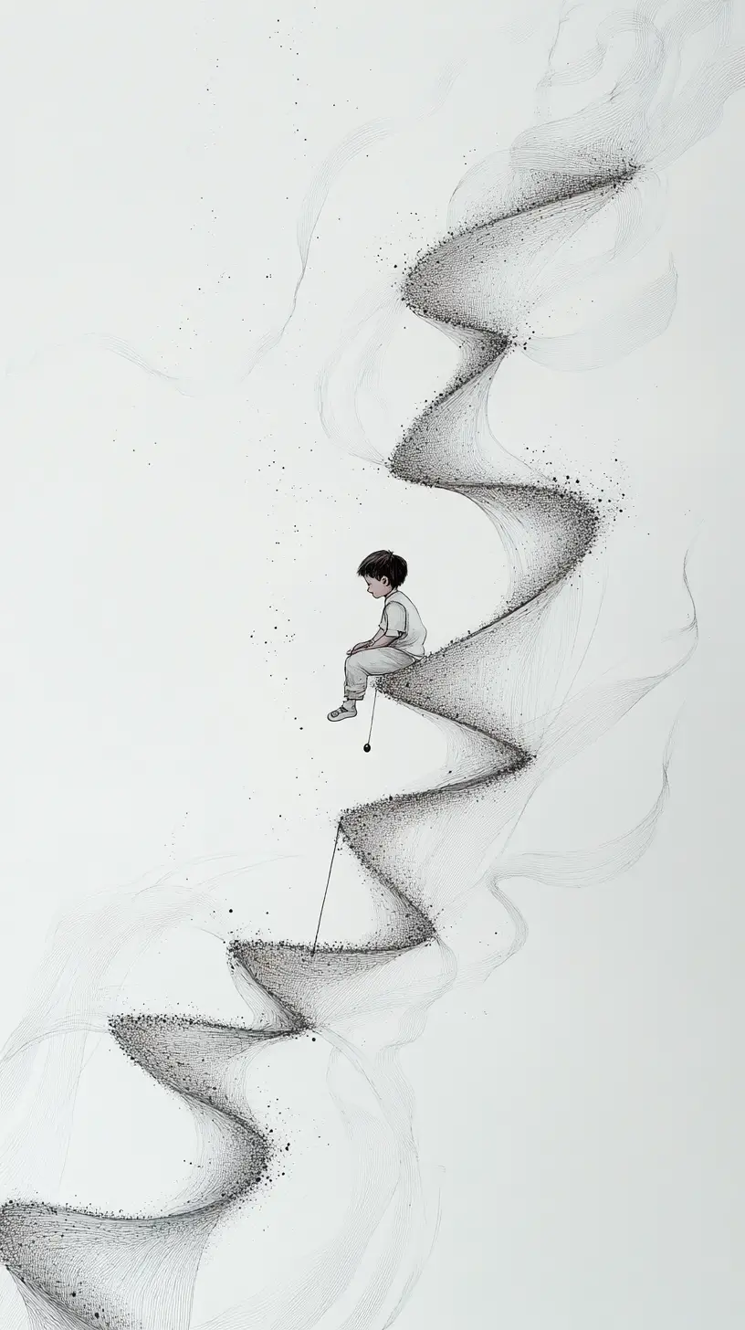 Miniature child climbing an endless thread staircase in the sky
