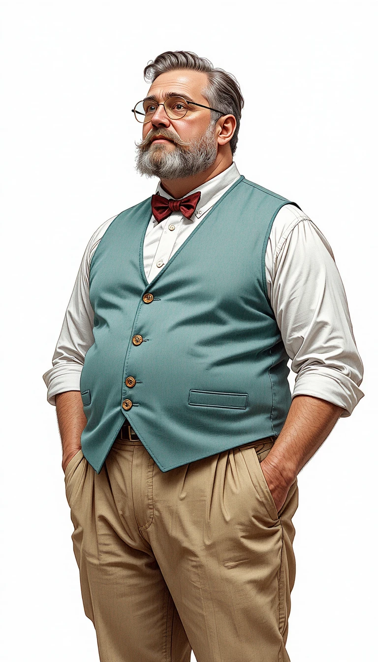 Retrato de corpo inteiro de um senhor corpulento de colete e gravata-borboleta