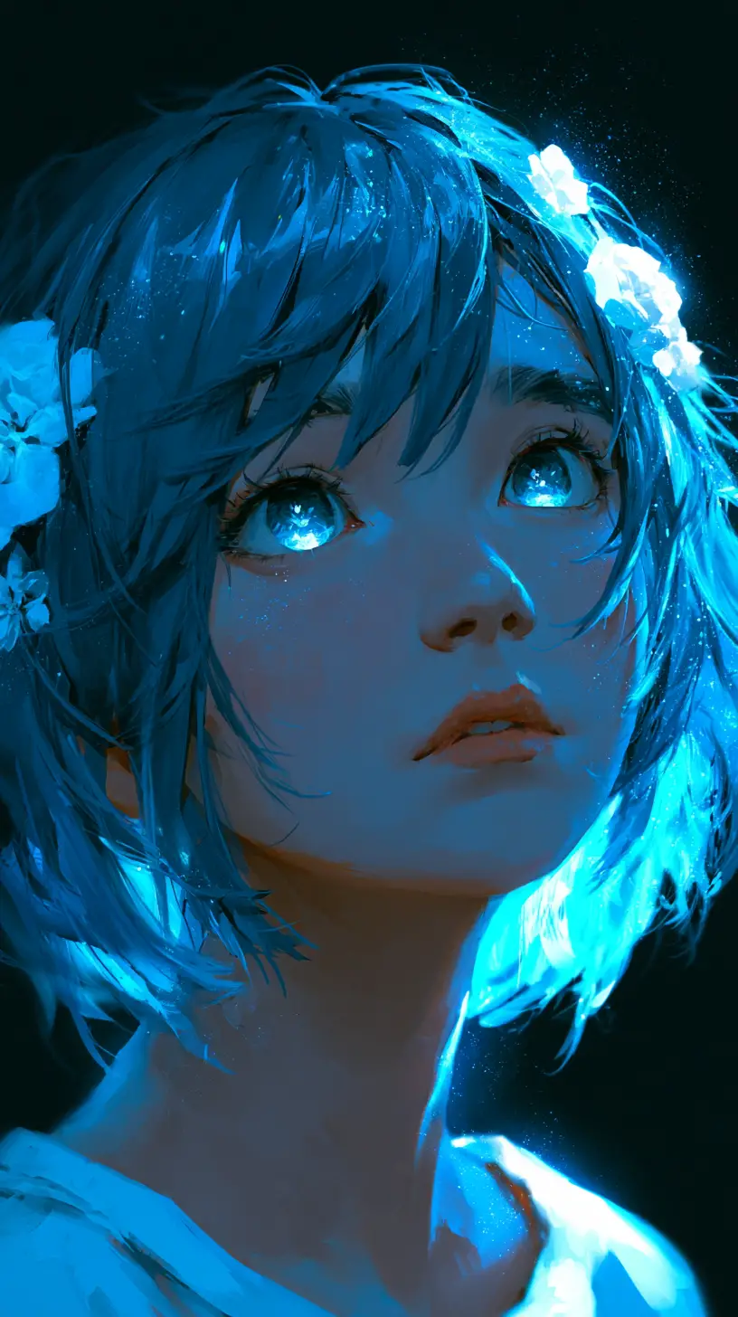 黑暗虛空中的藍髮動漫少女肖像