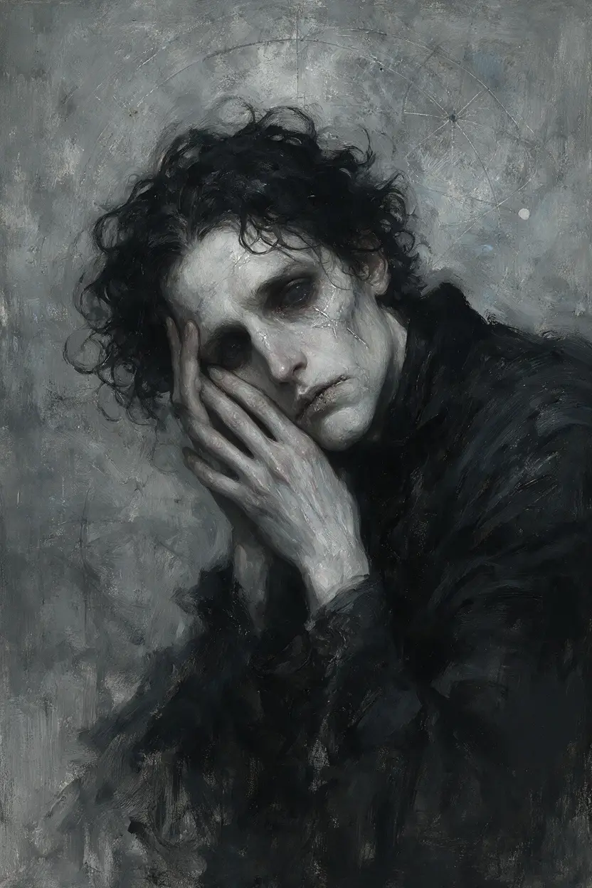 Pale man in brooding gothic oil portrait with soft shadows