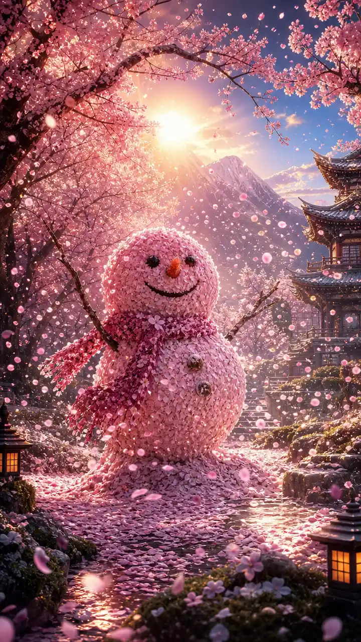 Magical Cherry Blossom Garden With Petal Snowman