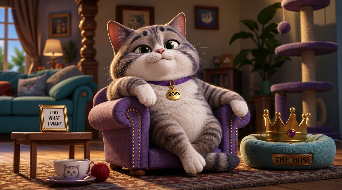 Gatito adorable sentado como un mini jefe en una silla de juguete