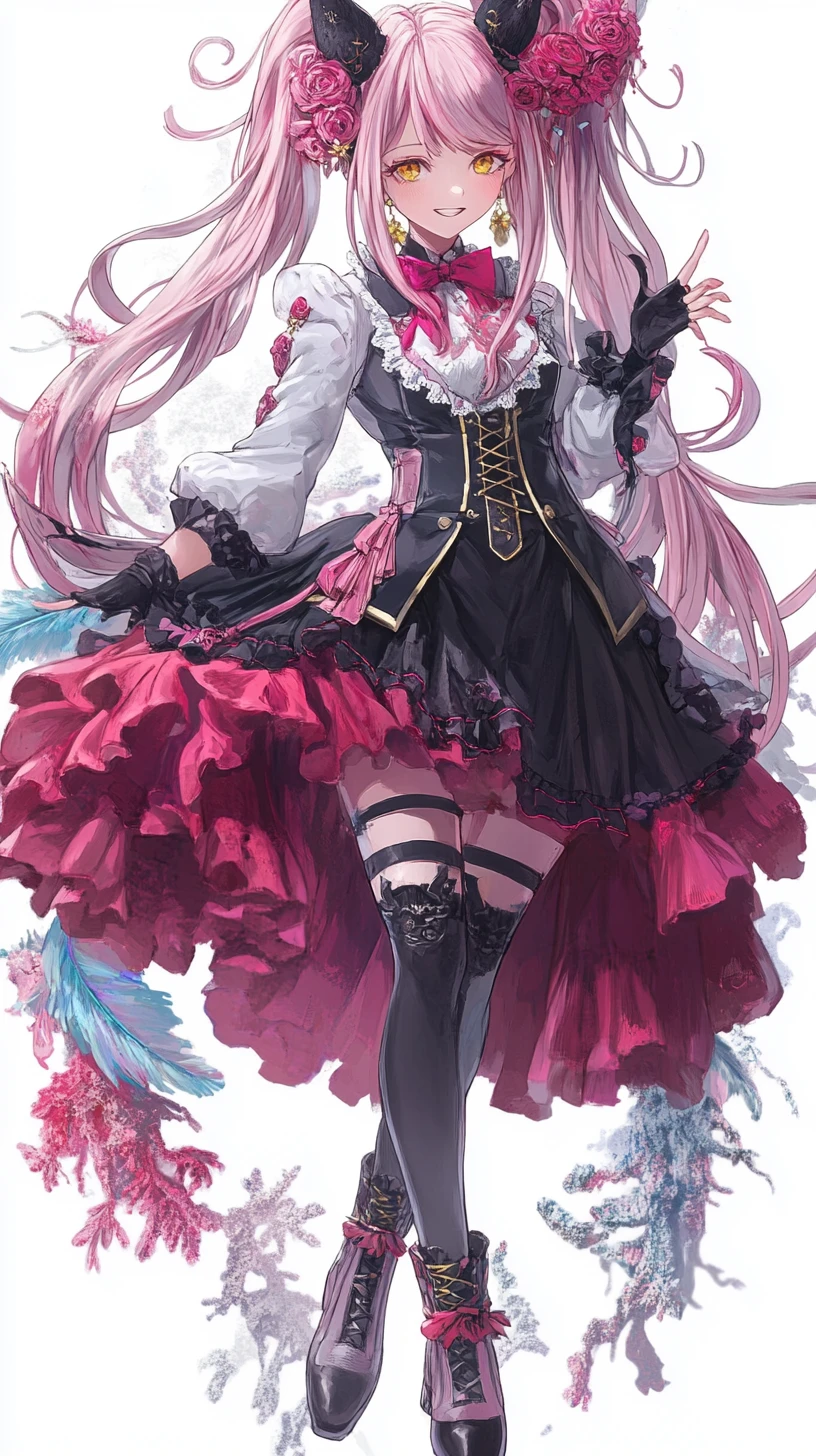 Garota de anime em roupa detalhada com longo cabelo rosa