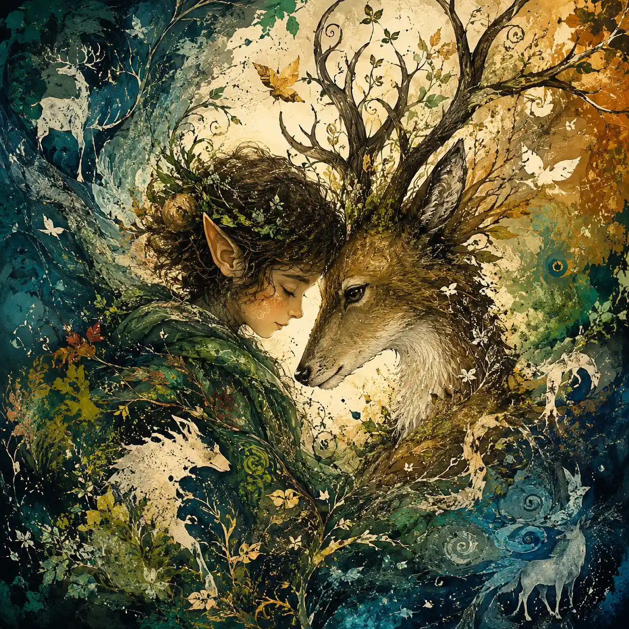 Young forest elf meeting a deer in flowing colors