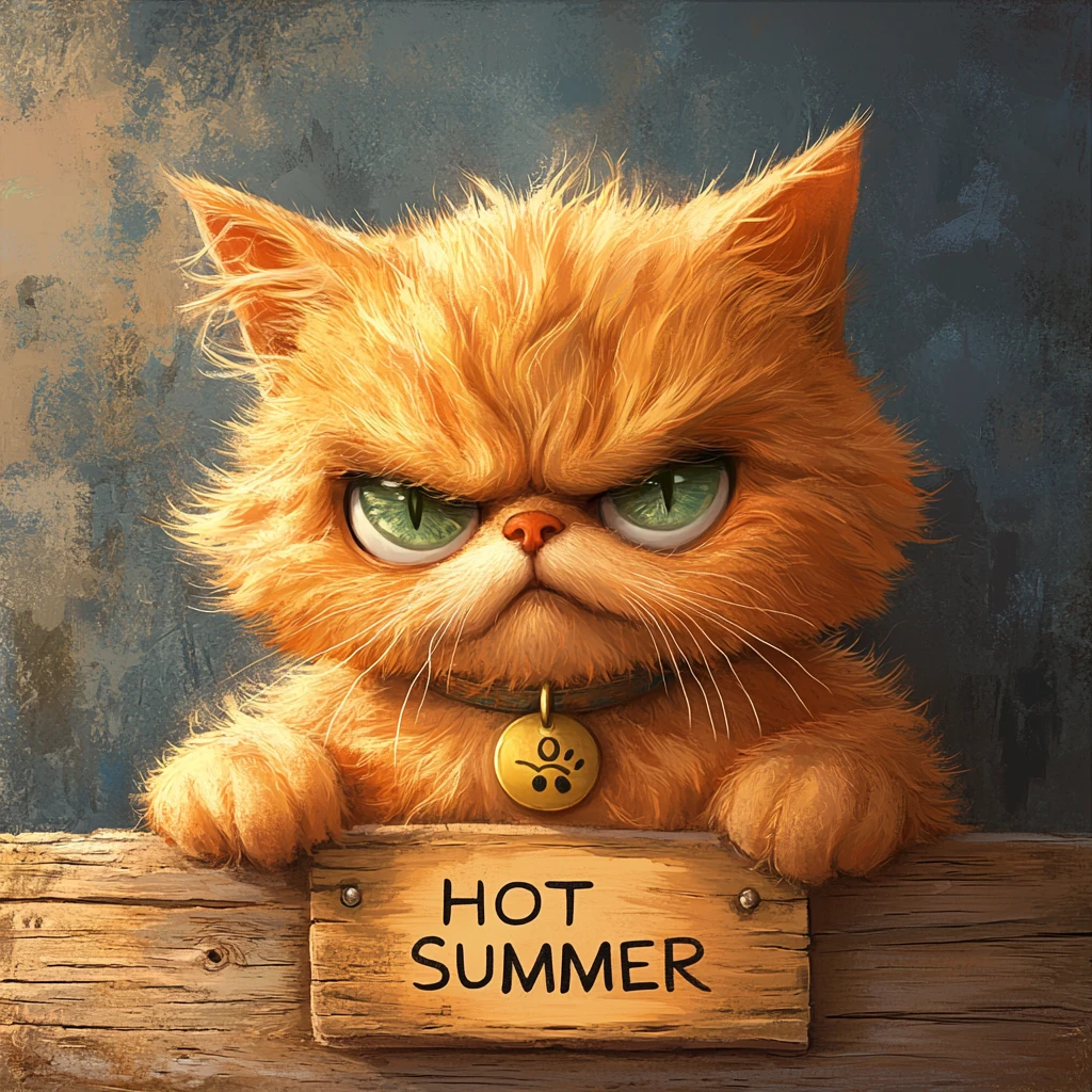 Gato laranja mal-humorado com placa de madeira de verão quente