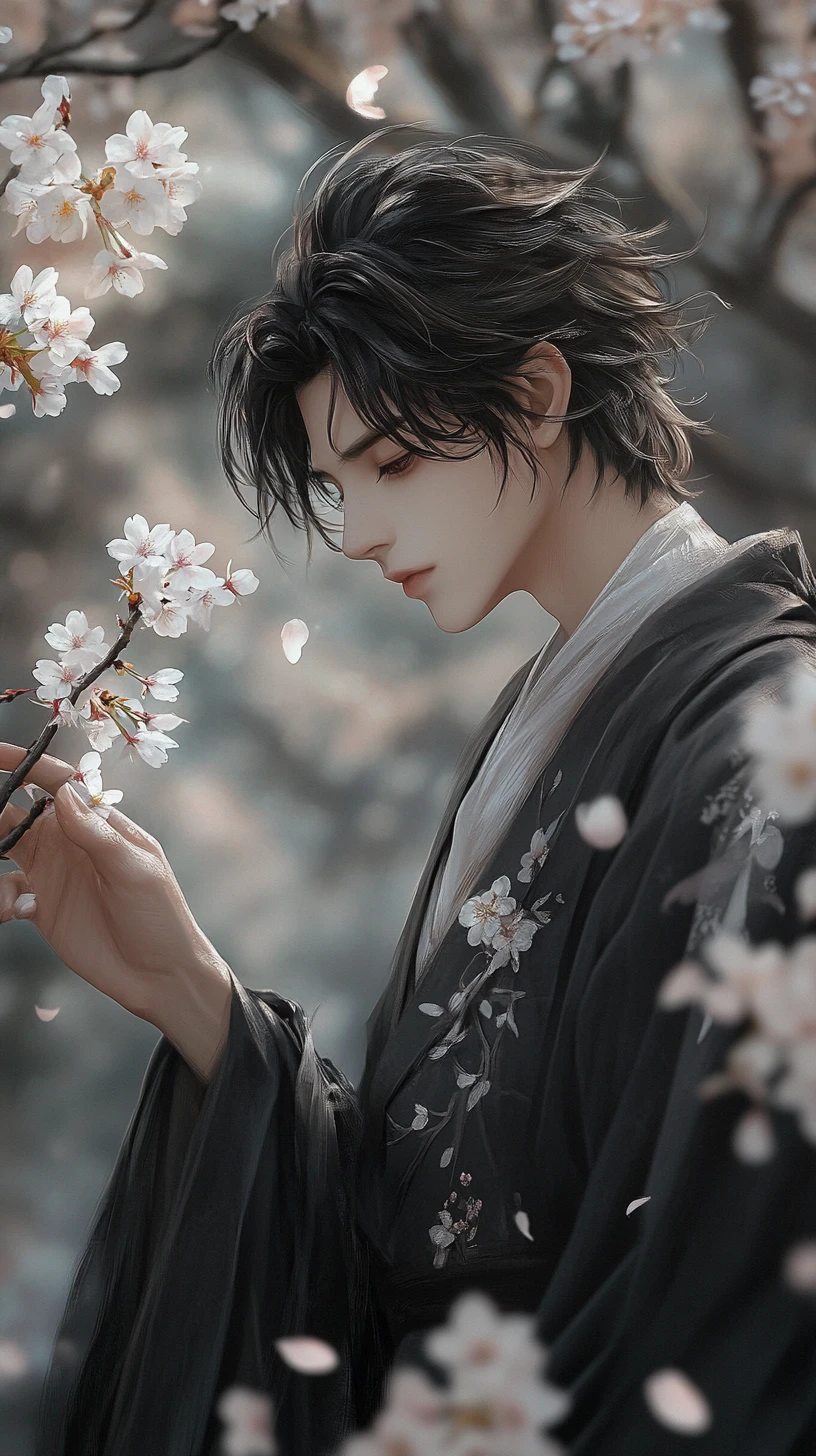 Homem de anime tocando flores de cerejeira em floresta suave em tons de cinza