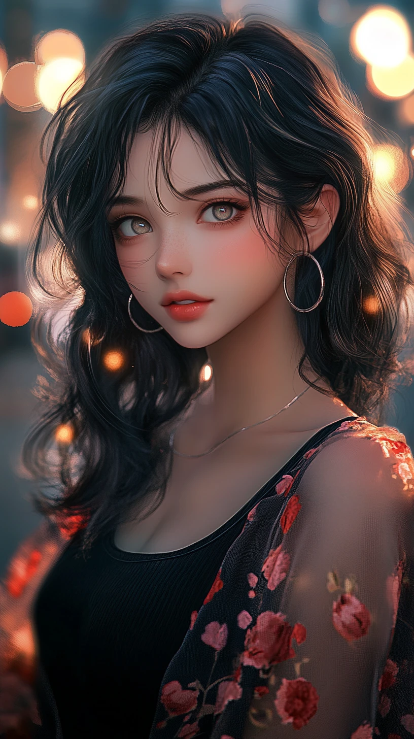 황혼 속 도시 불빛과 함께한 애니메이션 소녀 초상