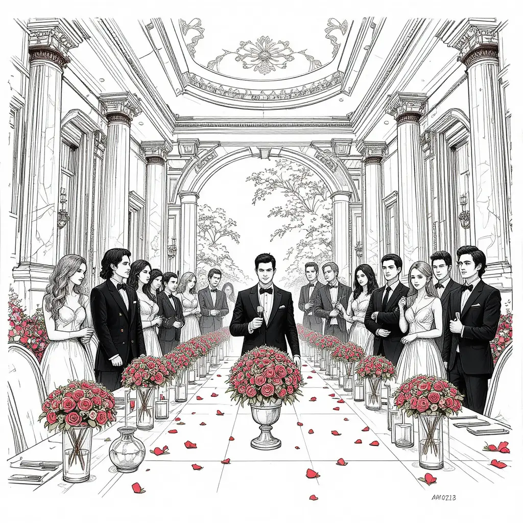 Vista cinematográfica em contra‑plongée de um banquete de casamento moderno