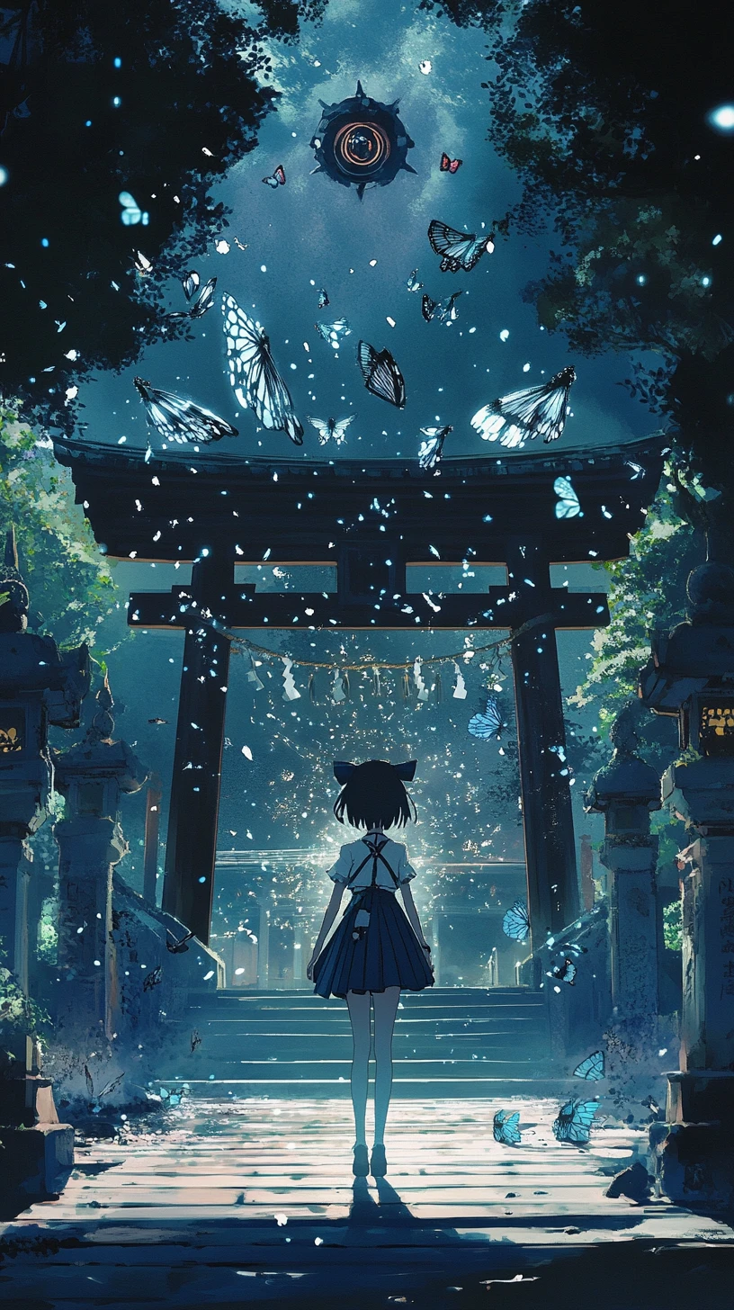 Chica de anime en un templo japonés con fuegos artificiales nocturnos