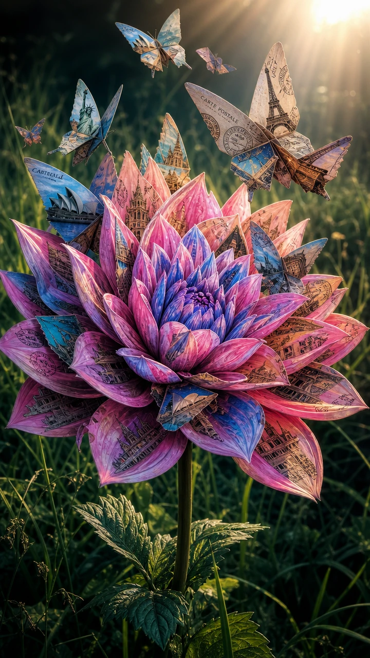 Leuchtende Dahlienblüte mit Origami-Schmetterlingen auf einer Wiese