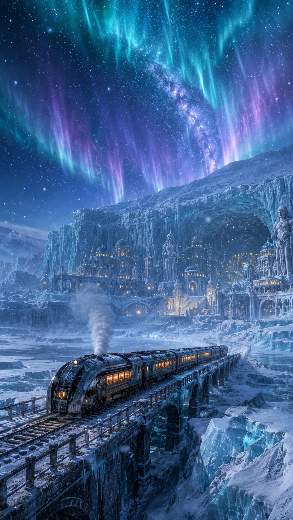 Train cinématographique traversant une Antarctique gelée sous l’aurore