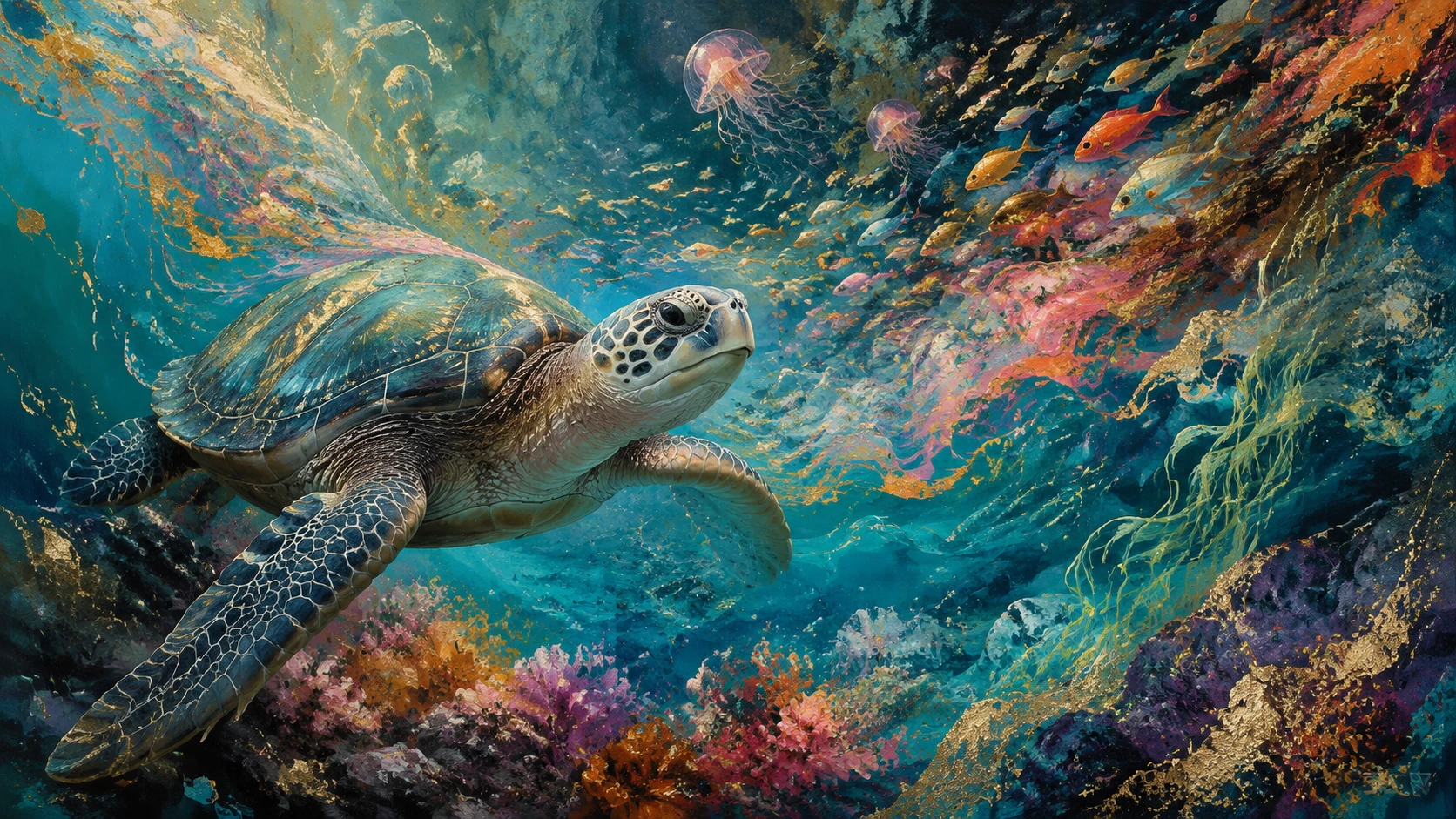 Corais coloridos se transformando em peixes em um oceano musical
