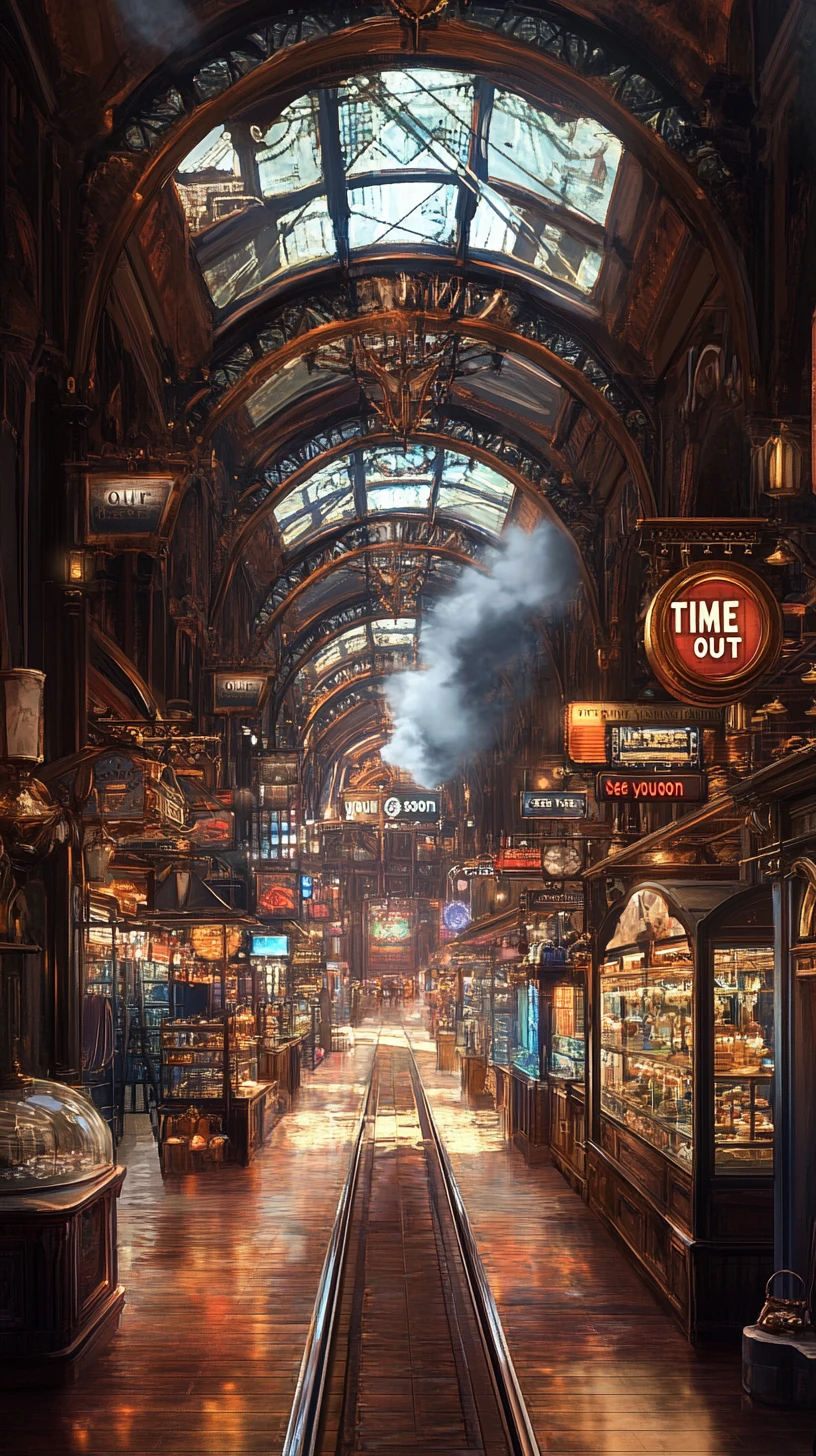 Couloir steampunk ornementé avec boutiques et passage central lumineux