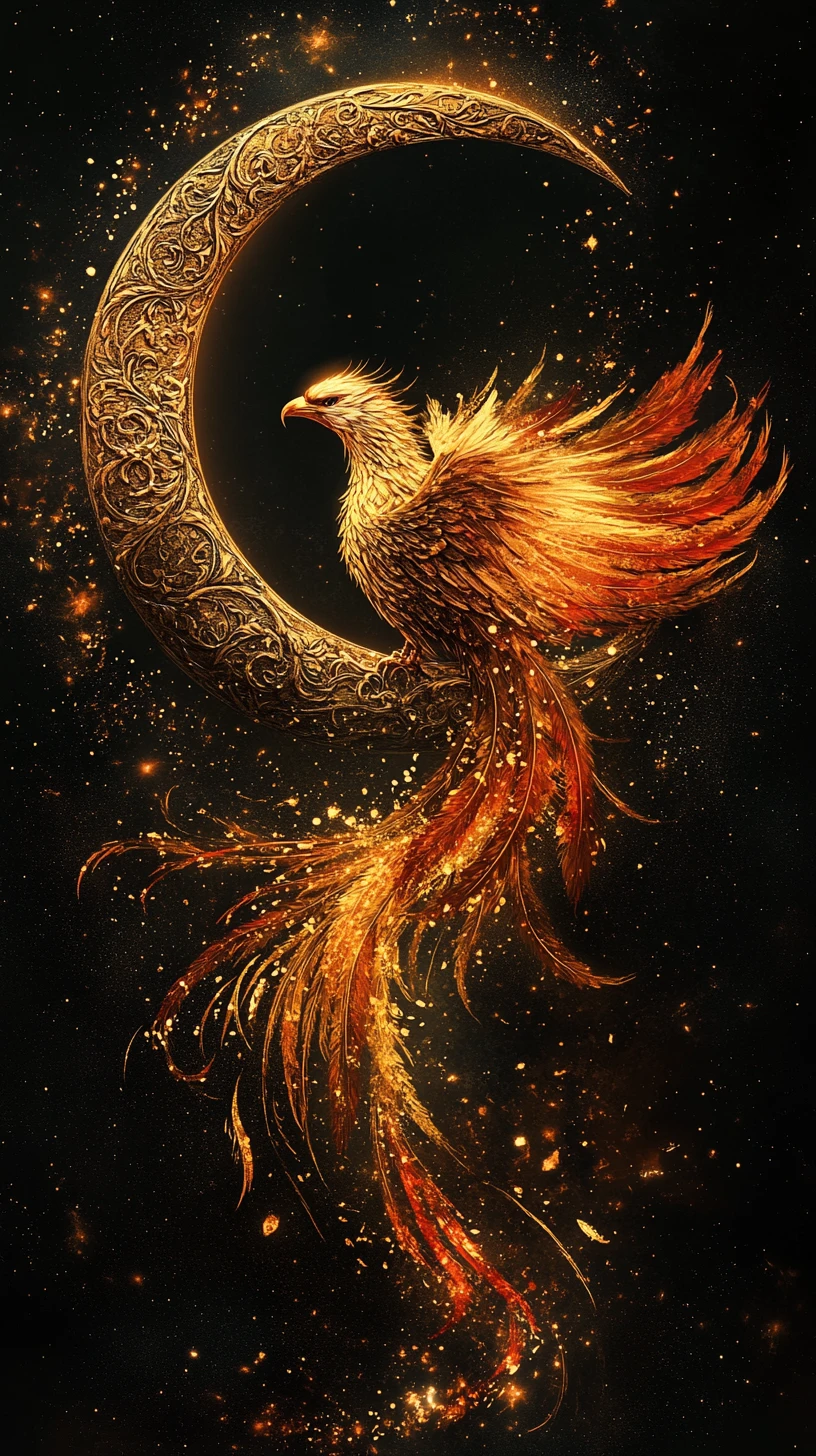 Luna creciente dorada que acuna a un fénix brillante en la oscuridad