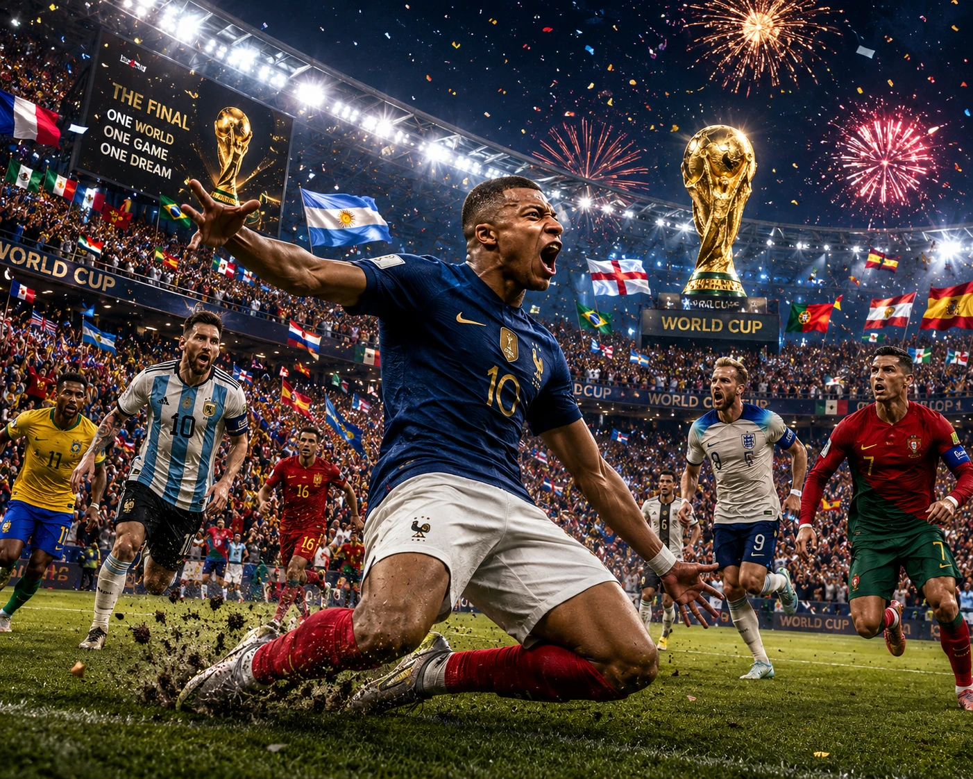 サッカースターが満員の夜のスタジアムで決勝ゴールを叩き込む