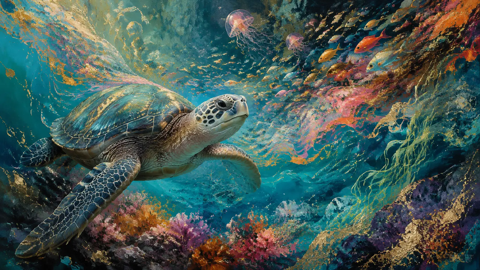 Bunte Korallen, die sich in Fische verwandeln, in einem musikalischen Ozean