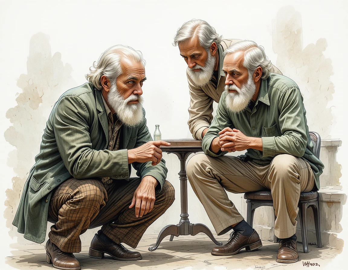 Três idosos em conversa reflexiva pintura em aquarela