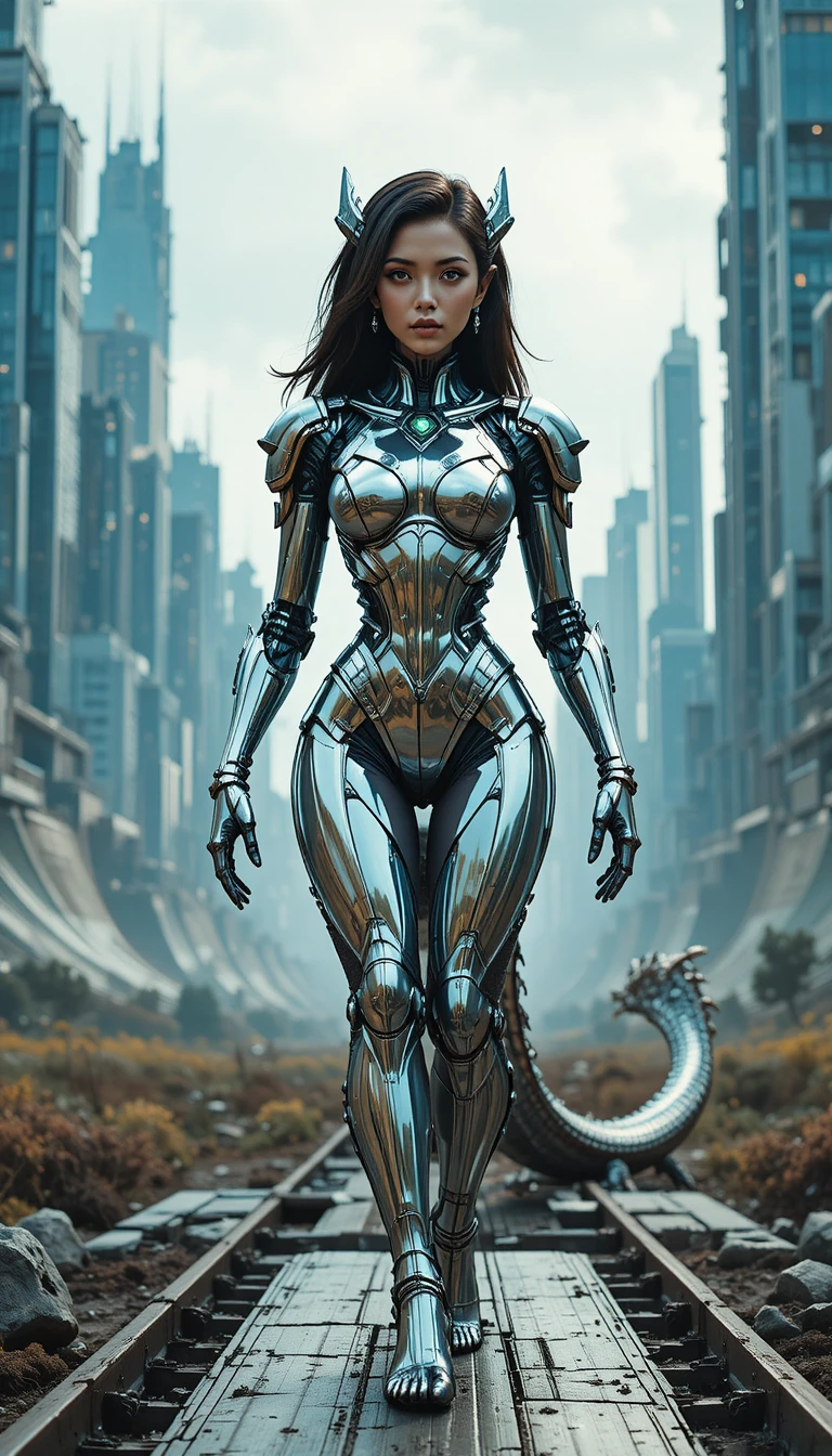 Futuristischer humanoider Roboter, der durch eine Hightech-Stadtlandschaft geht