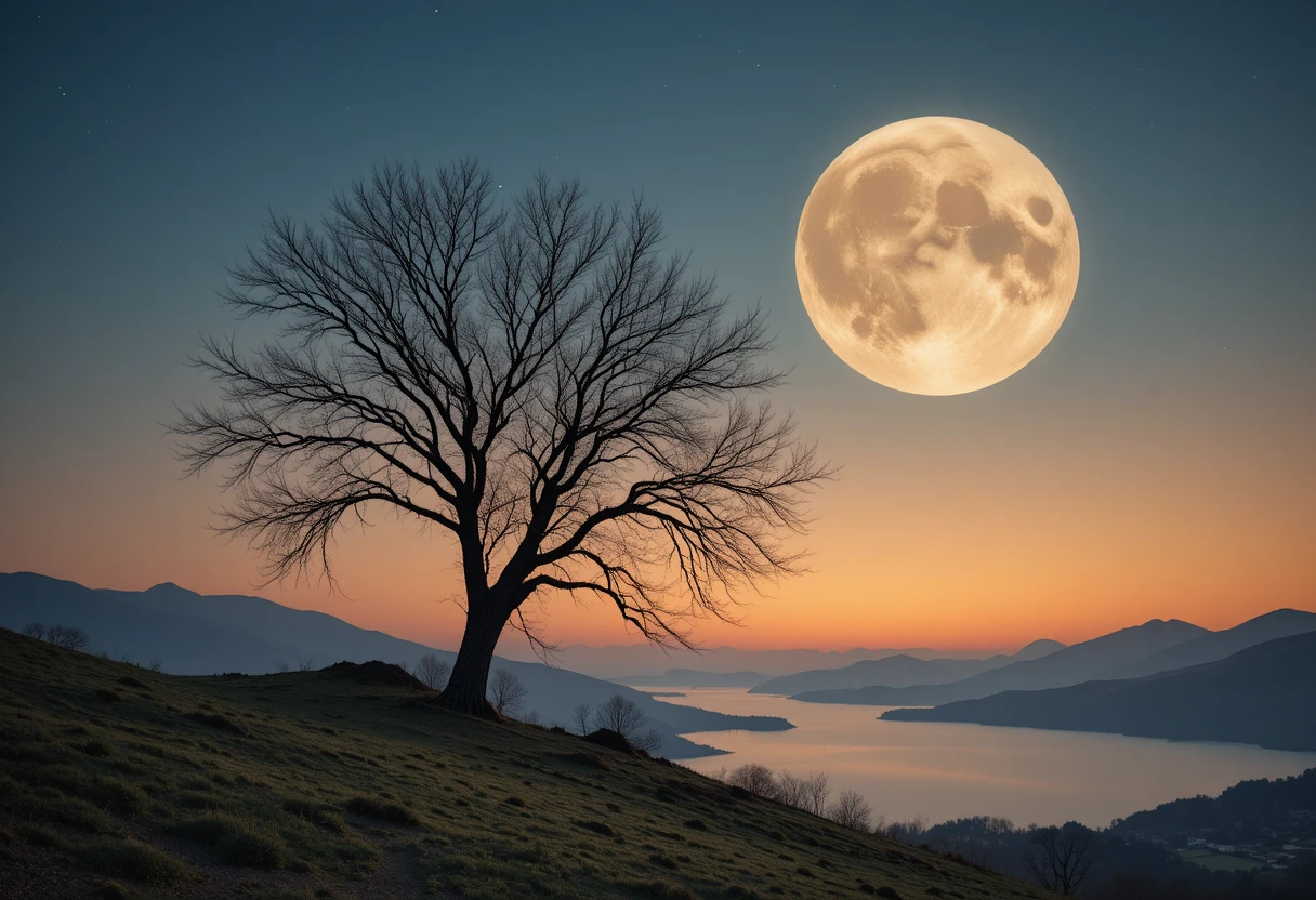 Blattloser Baum unter riesigem Mond über ruhigen Seehügeln
