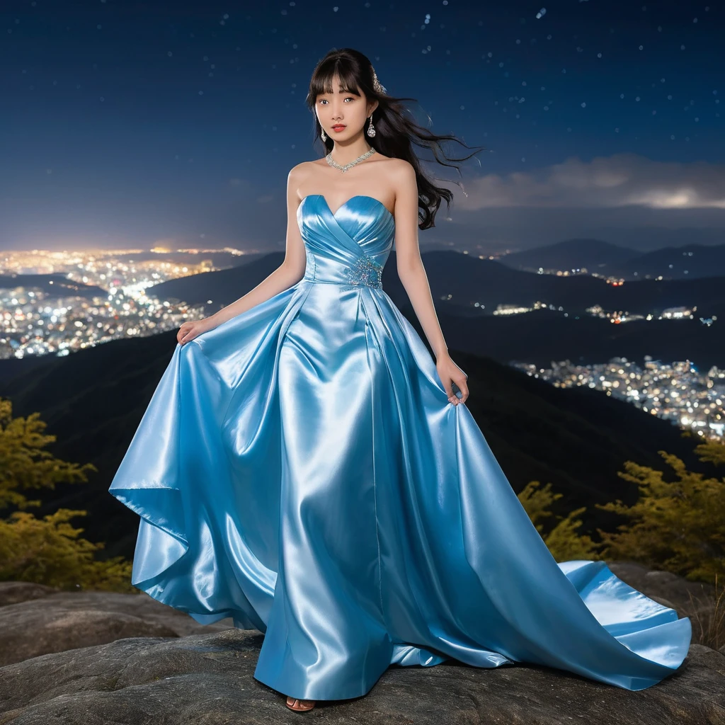 Garota elegante com vestido de cetim azul em uma noite na montanha