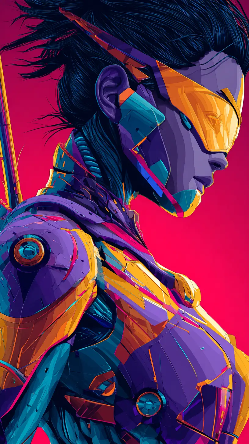 身披發光霓虹裝甲的賽博女武神戰士